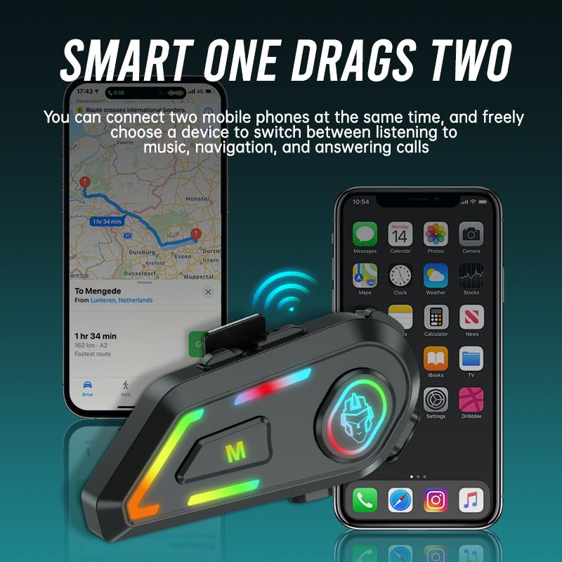 Bluetooth-гарнитура для мотоциклетного шлема BT 5.3 с голосовым управлением, беспроводной музыкальный плеер, водонепроницаемые наушники емкостью 1000 мАч с подсветкой