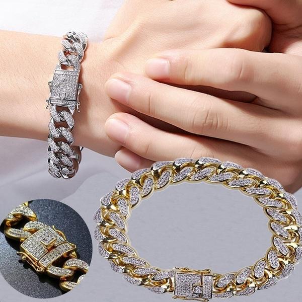 Mens Womens Gold Hand Chain Hip Hop Iced Out Curb Cuban Diamond Paved Clear Rhinestones Bracelet Men Fashion Jewelry