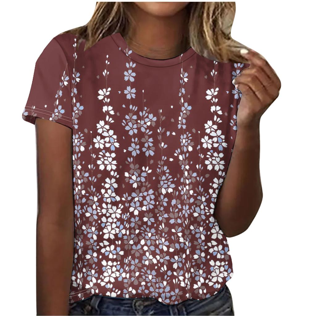 Summer Round Neck Beautiful Floral Print Top Fashionable Casual Short Sleeved Women's T-shirts