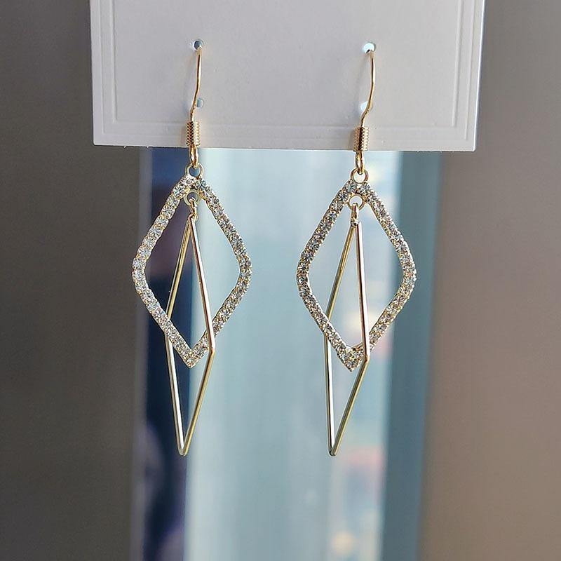 Корейский темперамент, бриллиантовая оправа, персонализированные серьги, женские длинные серьги-крючки с ромбом, универсальные женские украшения