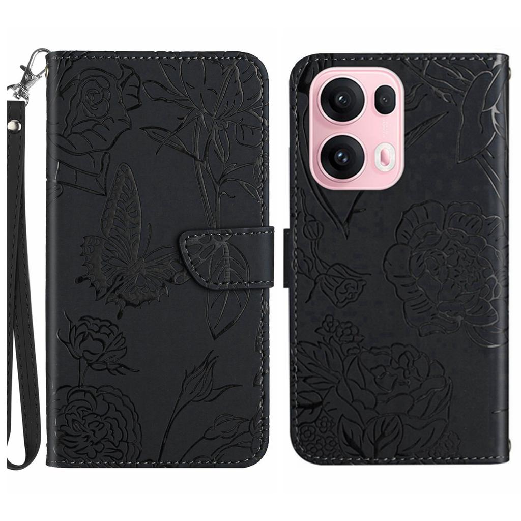 For Oppo Reno13 Pro 5G Case Butterfly Flower Imprinted Leather Phone Cover with Strap
