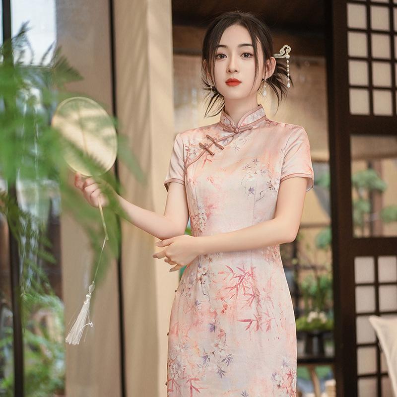 1011 national style summer and autumn new cheongsam dress satin dress retro slim banquet double-layer performance batch