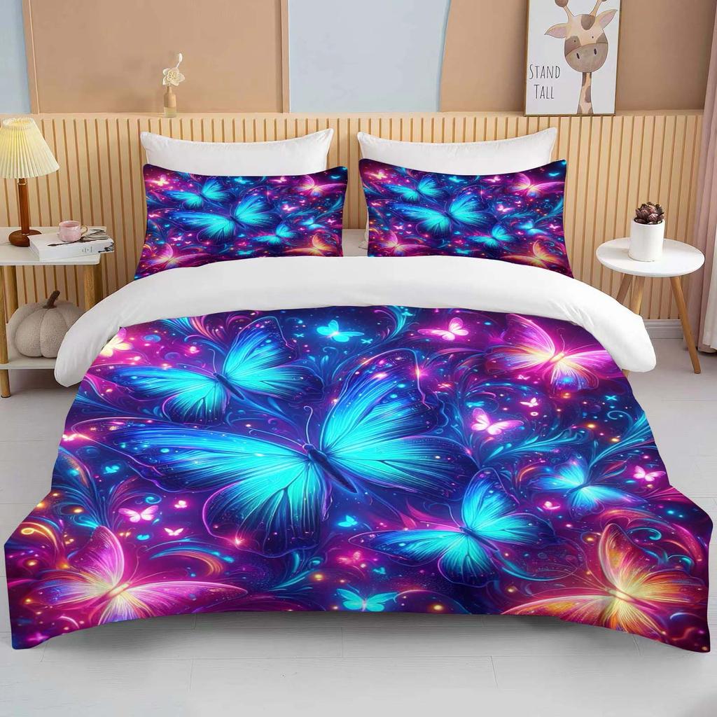 Неоновый Романтический Принт Бабочки и Роз Постельное Белье Пододеяльник 1 Пододеяльник 2 Наволочки Комплект Постельного Белья для Взрослых и Детей Роскошь