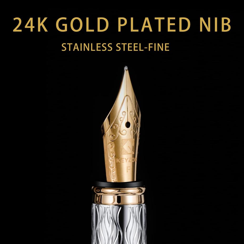 Keyzor Luxury Fountain Pen Fancy Silver 24K Gold Plated Fine Converter Gift Journaling Calligraphy Smooth Writing Pen for Women Men - Pen, Nib,