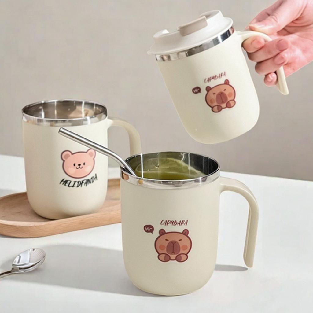 Переносная кружка для кофе Capybara с трубочкой и ручкой из нержавеющей стали 304, герметичная чашка для воды с двойными стенками, многоразовая чашка для питья