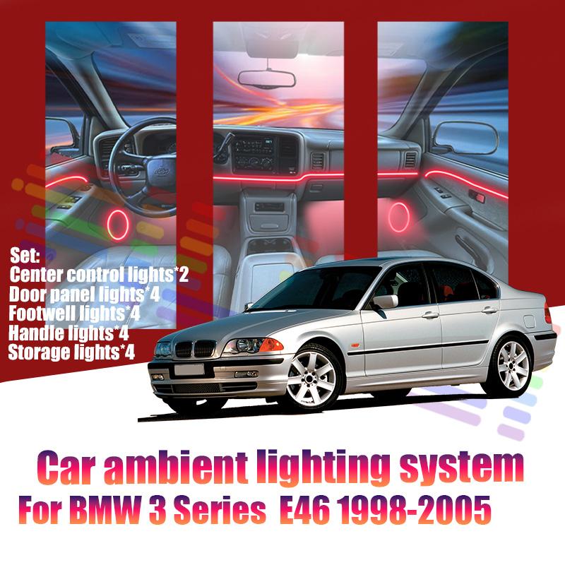 Для BMW 3 серии E46 1998-2005 Автомобильные светодиодные лампы атмосферы Разноцветные огни атмосферы Автомобильная внутренняя неоновая полоса 64 RGB-освещение Неоновые огни 4