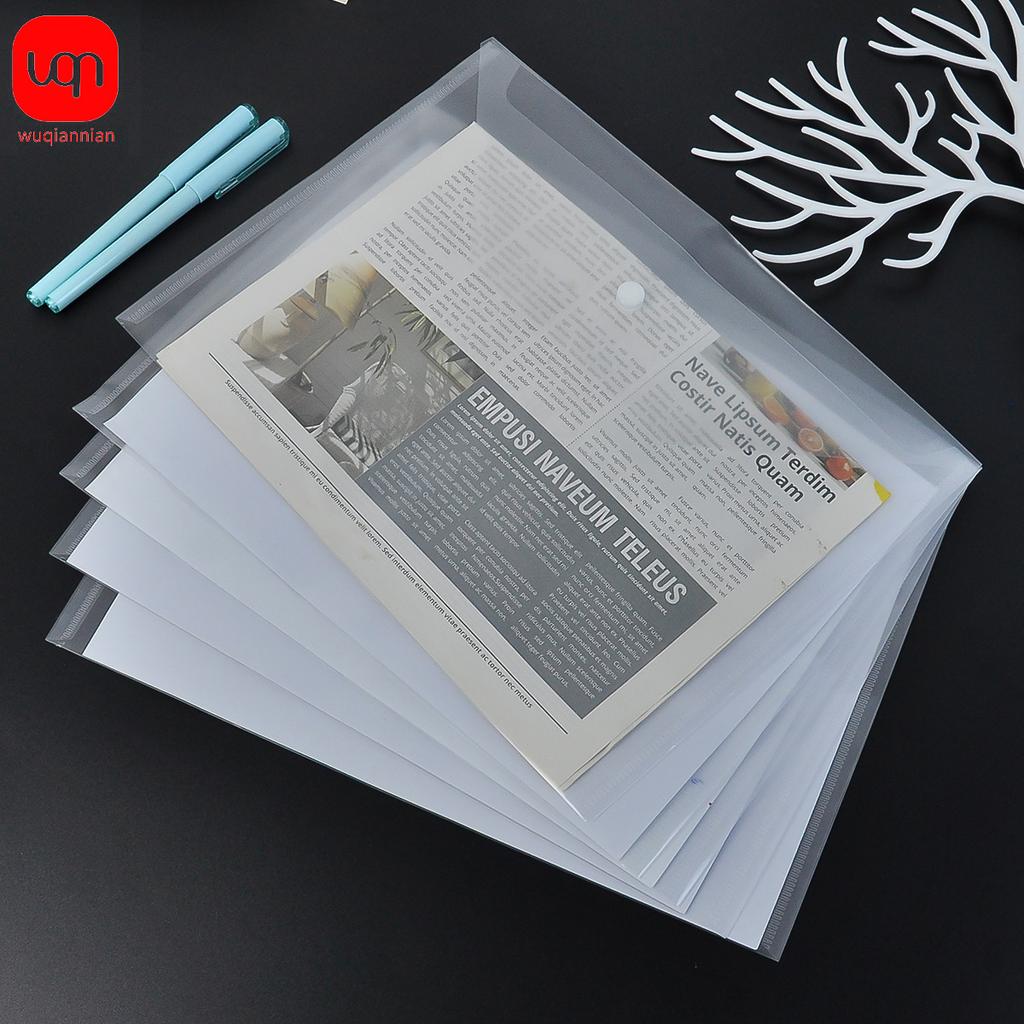 WQN-5PCS PP Plastic Envelope Clear Reusable Plastic Envelope Waterproof Folder with Button A4 Size For School Office Supplies