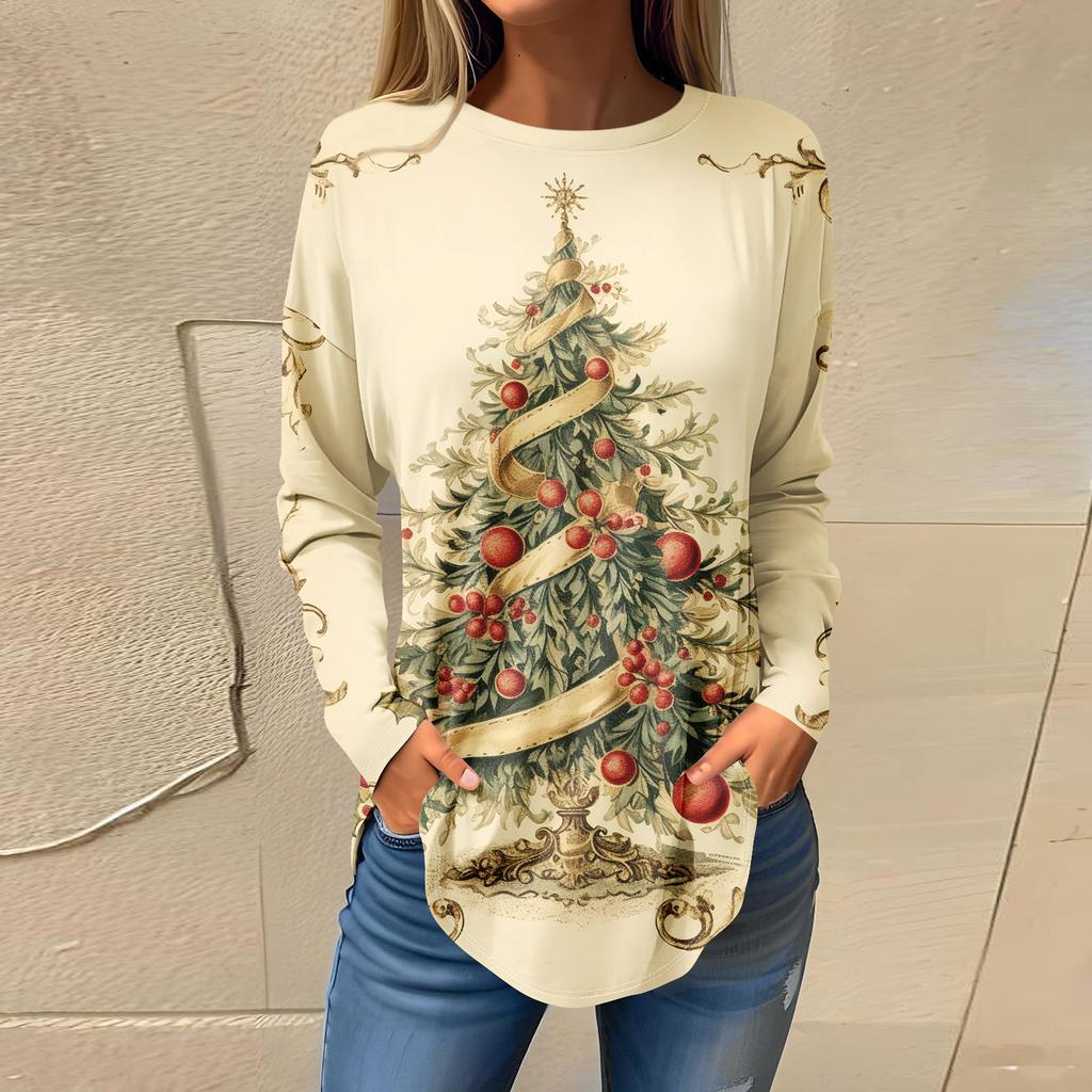 Футболки для женщин, осенние повседневные рубашки с длинными рукавами, толстовка с ретро-принтом, топ для рождественской вечеринки, пуловер