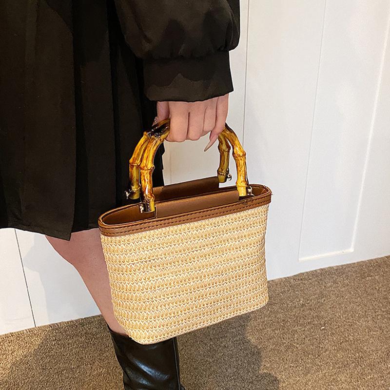 Yogodlns Плетеная сумка, летняя, новая, соломенная сумка с бамбуковой ручкой, простая, через плечо, сумка-ведро, женская сумка