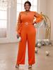 Оранжевые широкие комбинезоны для женщин с круглым вырезом, длинными прозрачными рукавами и высокой талией, коктейльные вечерние комбинезоны