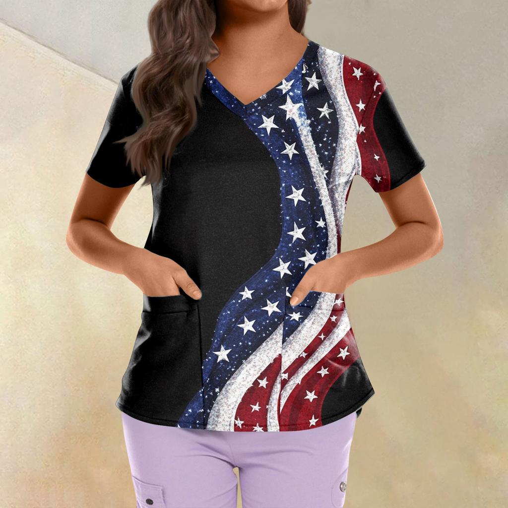 Большие размеры, печатные рабочие униформы, топы для женщин, крестообразный V-образный вырез, День независимости, принт, короткий рукав, забавные футболки, рабочая одежда, футболка с карманами