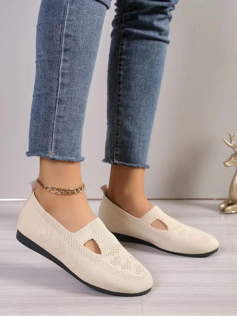Summer 2024 Autumn Women Flat Heel Casual Shoes Square Toe Hollow-out Sneakers Barefoot Shoes Moccasin Female Knitted Flats
