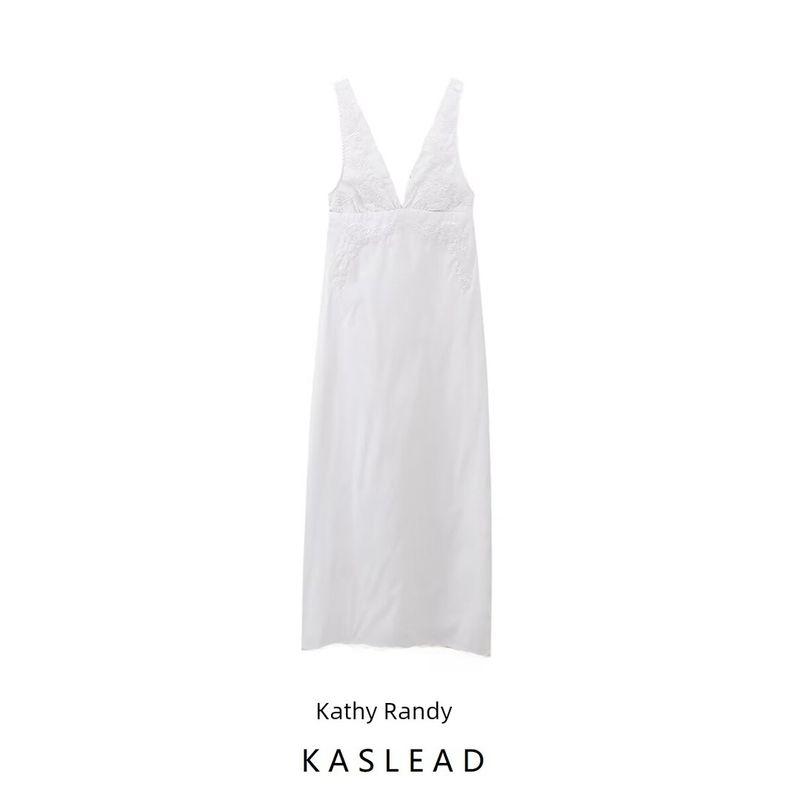 Kaslead New Arrival Women's Clothing Fashion Style Flower Lace Decorative Poplin Midi Skirt Dress 7521309