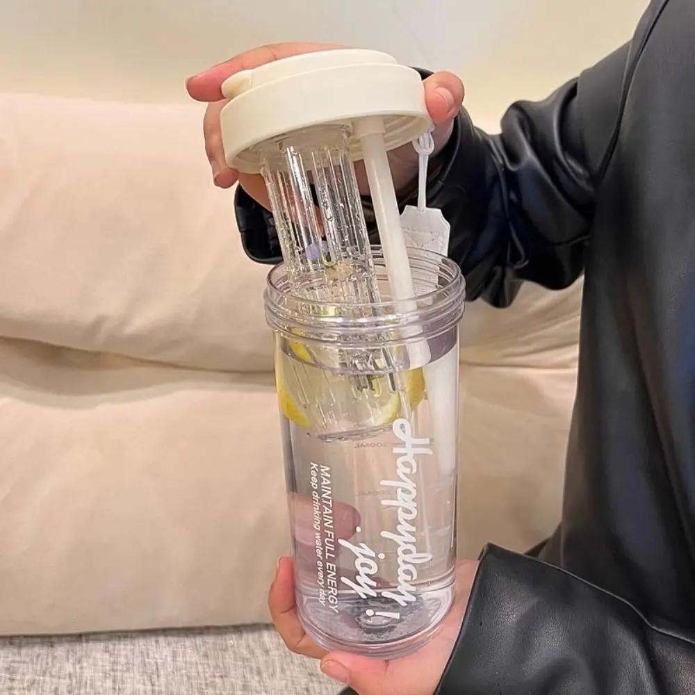 Портативные пластиковые бутылки для фруктовых напитков большой емкости 600 мл, прозрачная складная бутылка для воды с трубочкой, летняя бутылка для воды