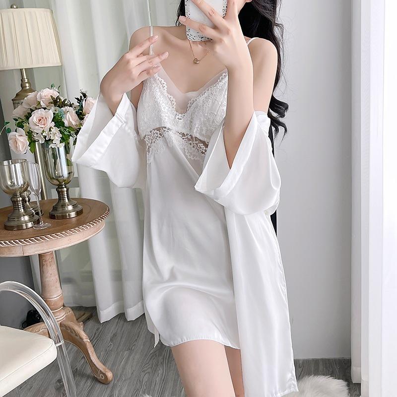 Sexy Female Nighty Robe Set Intimate Lingerie Spring Summer Kimono Bathrobe Gown Sleepwear Two Piece Set Loose Satin Home Dress