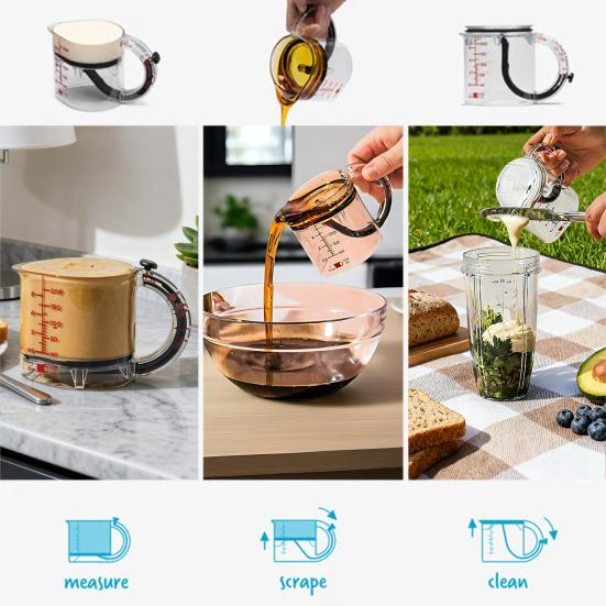 Мерный стакан 4-в-1 с регулировкой и краями-скребками. Многофункциональный кухонный аксессуар для выпечки и готовки.