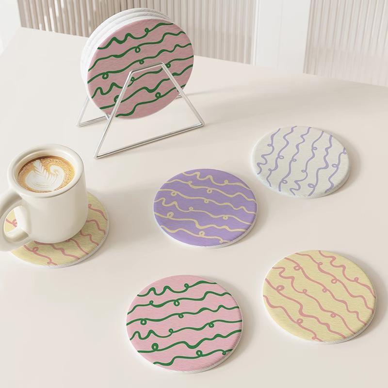 Round plaid hard diatom mud coffee tea coaster thermal insulation pad office non-slip absorbent pad