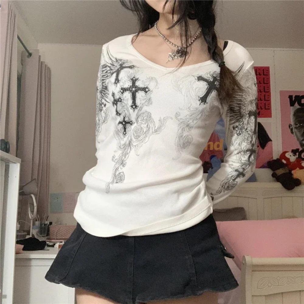 Y2k Graphic Cross Wings Print Long Sleeve Women Grunge Fairy T Shirt Harajuku Tee 2000s Esthetic Punk Style Clothes Streetwear