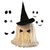 Halloween Hanging Ghost Decoration LED Light Up White Cotton Rope Ghost with Witch Hat for Indoor Outdoor Home Party Decor