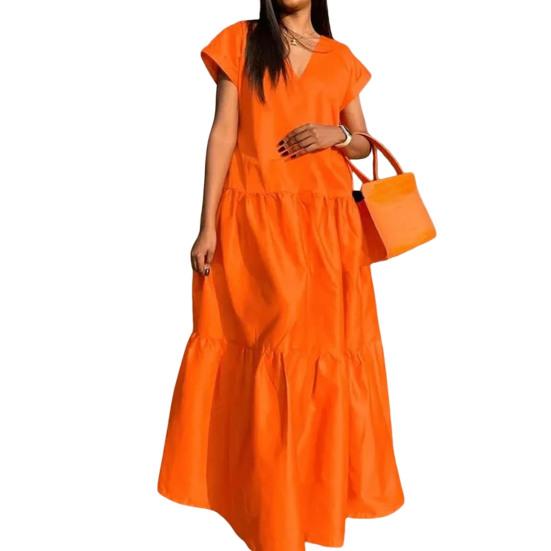 Women Summer Dress Loose V-neck Patchwork Short Sleeves Party Wearing A-line Full Length Lady Maxi Dress Female Clothes