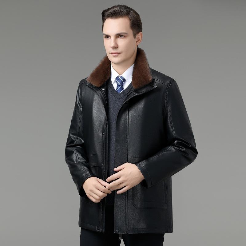 Зимнее мужское пальто из натуральной кожи и меха из утолщенного бархата для пап среднего и пожилого возраста, съемная овчина