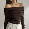 Весна Осень Женский Сексуальный Трикотажный Свитер с Открытыми Плечами Облегающий Эластичный С Длинным Рукавом Пуловер Трикотажный Свитер