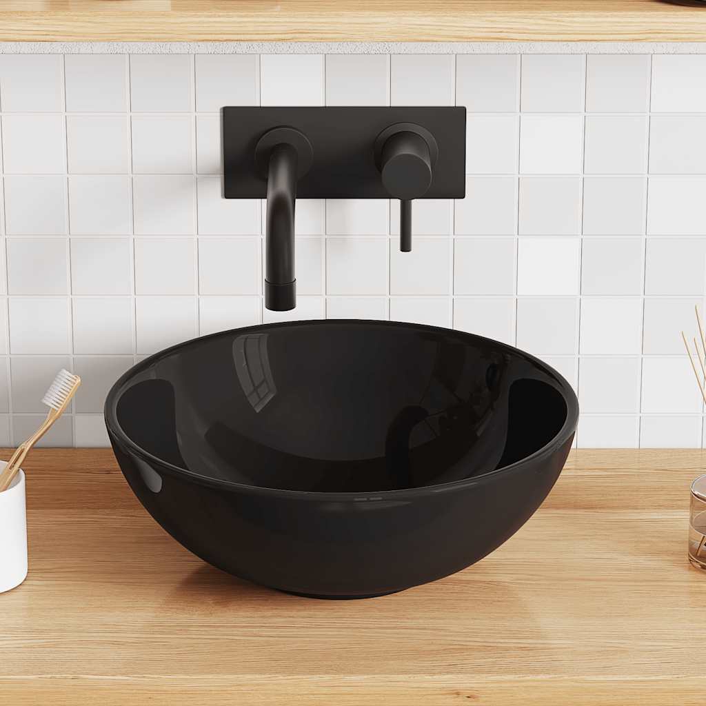 Black Glossy Washbasin Ø28x10 cm Ceramic