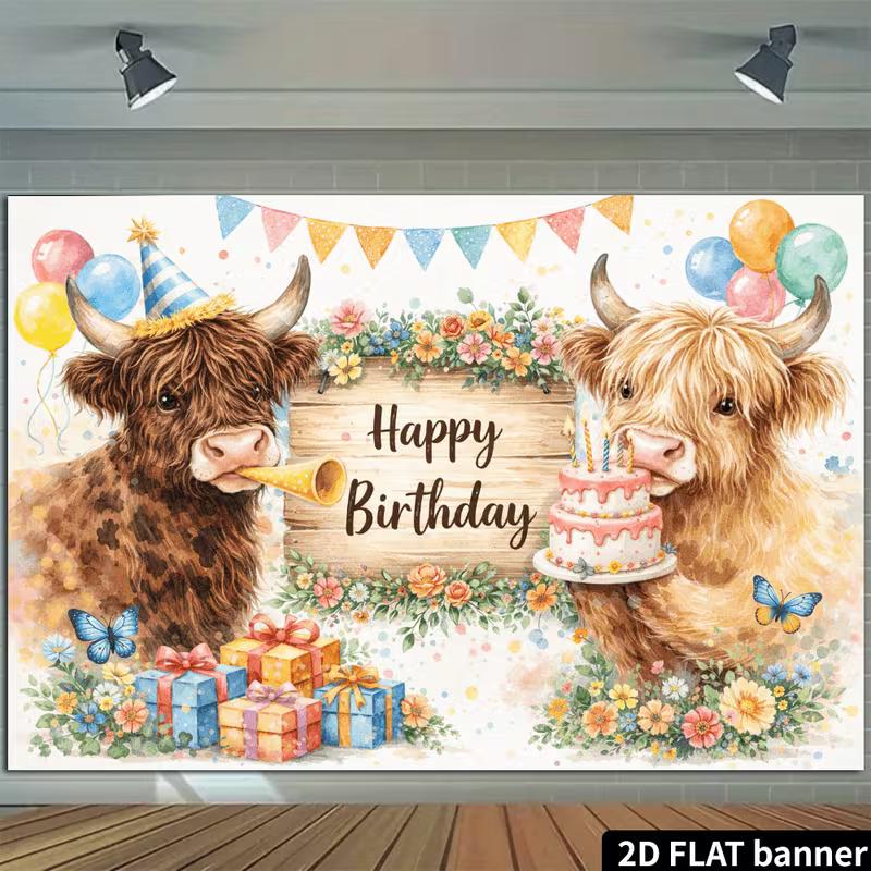 2D Pastel Highland Cow Birthday Backdrop, Floral Farm Animal Party Banner
