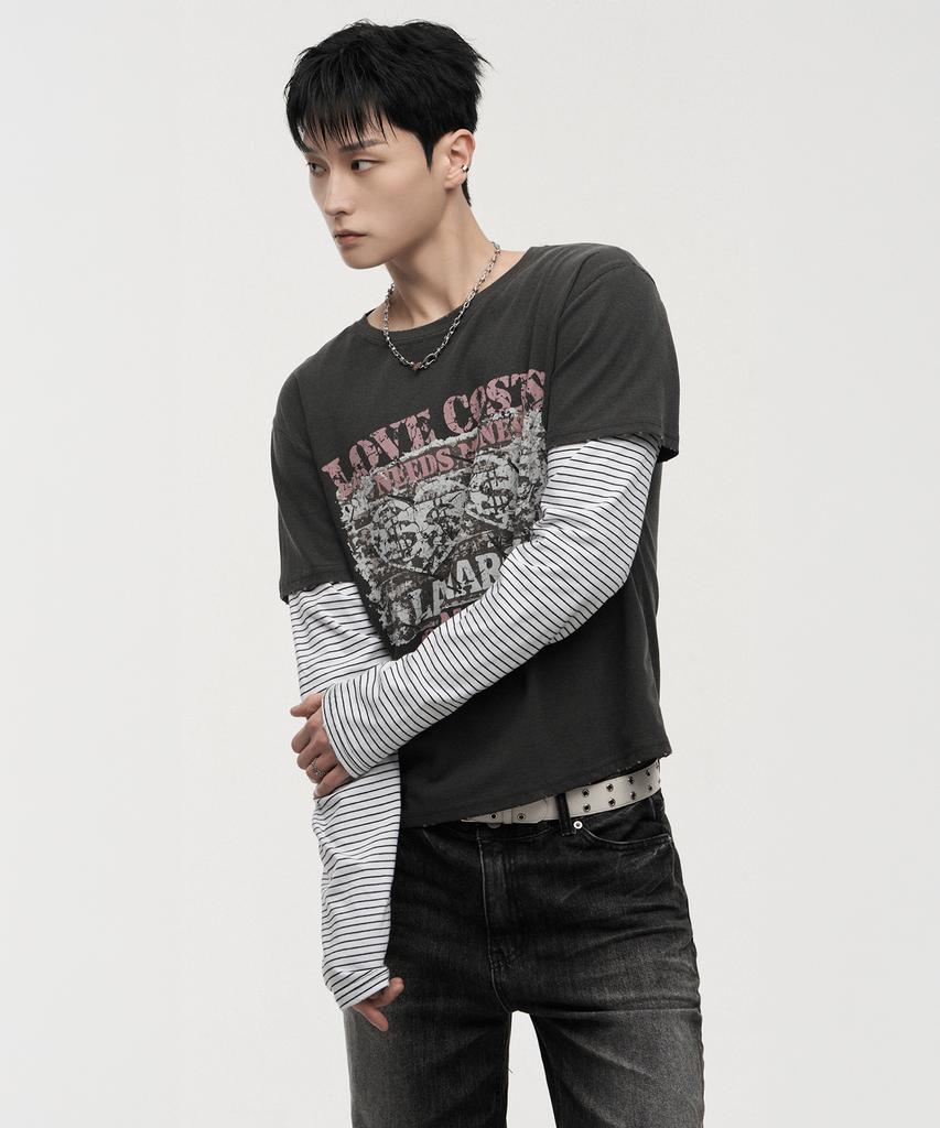 LANARCHIVE [0150] Pigment Print Layered Long Sleeve - Charcoal