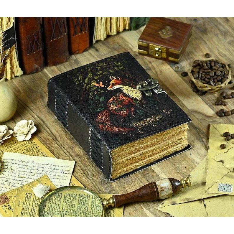 Большой винтажный гримуар с лисой, толстый журнал, пустая книга заклинаний, кожаный журнал ручной работы