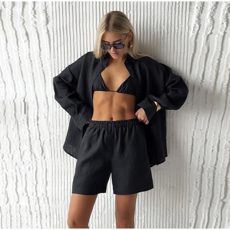 Модная свободная блузка с длинным рукавом и лацканами, комплект из 2 предметов, элегантный однотонный женский костюм со шнуровкой и брюками, новые женские наряды для отдыха на улице