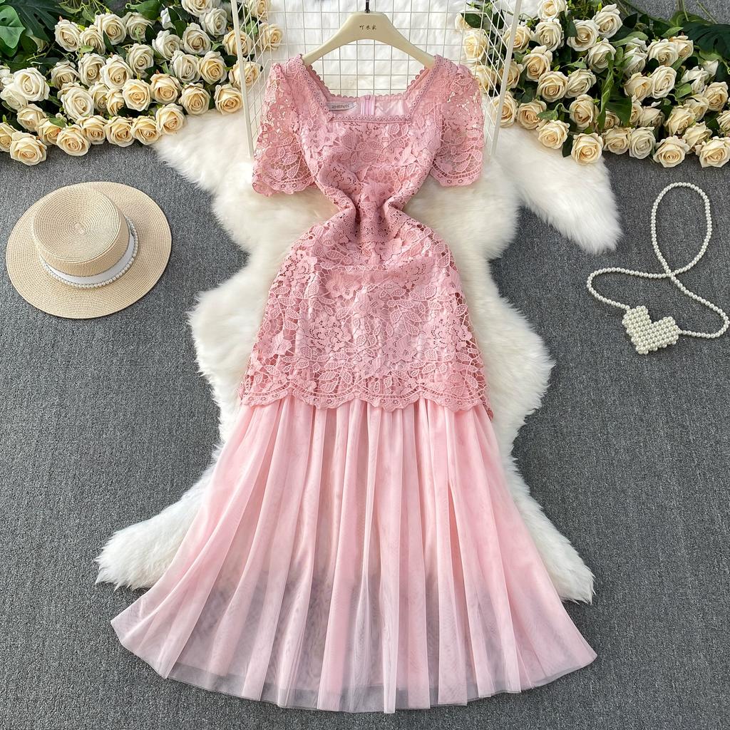 Summer Women Elegant Square Collar Embroidery Flower Lace Mesh Patchwork Long Maxi Slim Bodycon Party Dresses