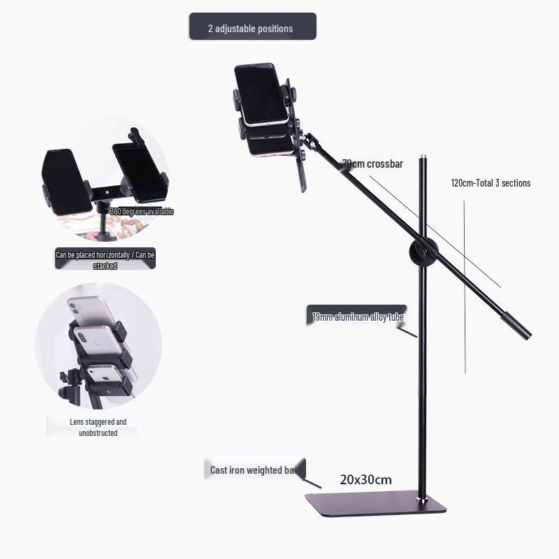 Cantilever Multi-Camera Floor Stand with Long Arm for Top-Down Shots & Multi-Platform Phone Holder in Mirror Live Streaming & Photography