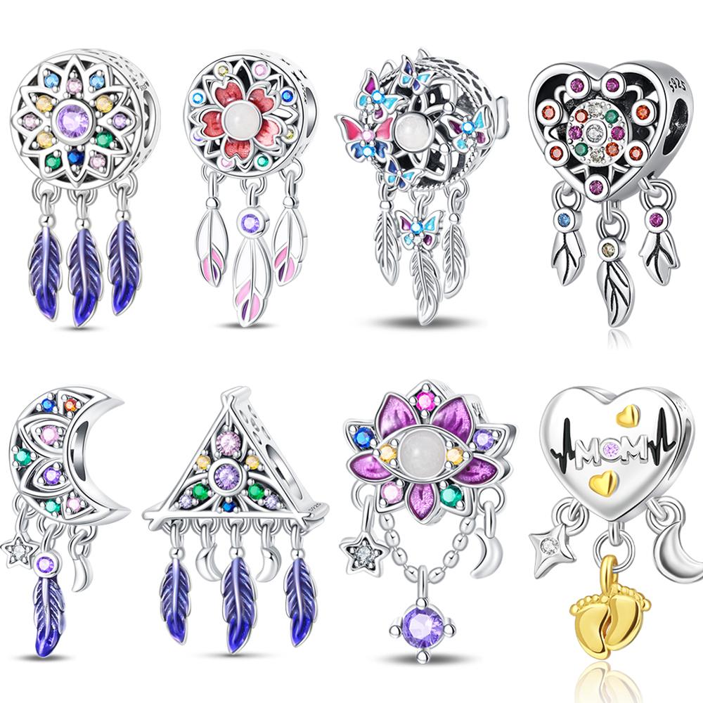 Красочный медный ажурный шарм-ловец снов с перьями, подходит для оригинального браслета, шарм «Цветущая вишня» для ювелирного подарка