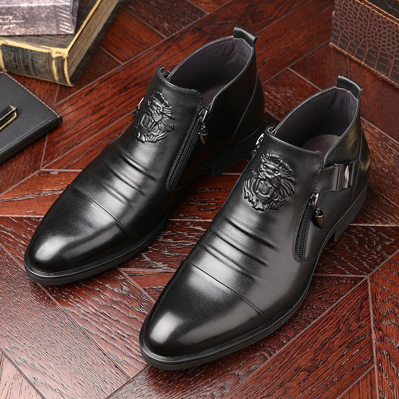 Men Black Dress Boots Fashion Motorcycle Boots PU Printing Double Side Zipper Man Western Knight Short Boots Outdoor Dress Shoes