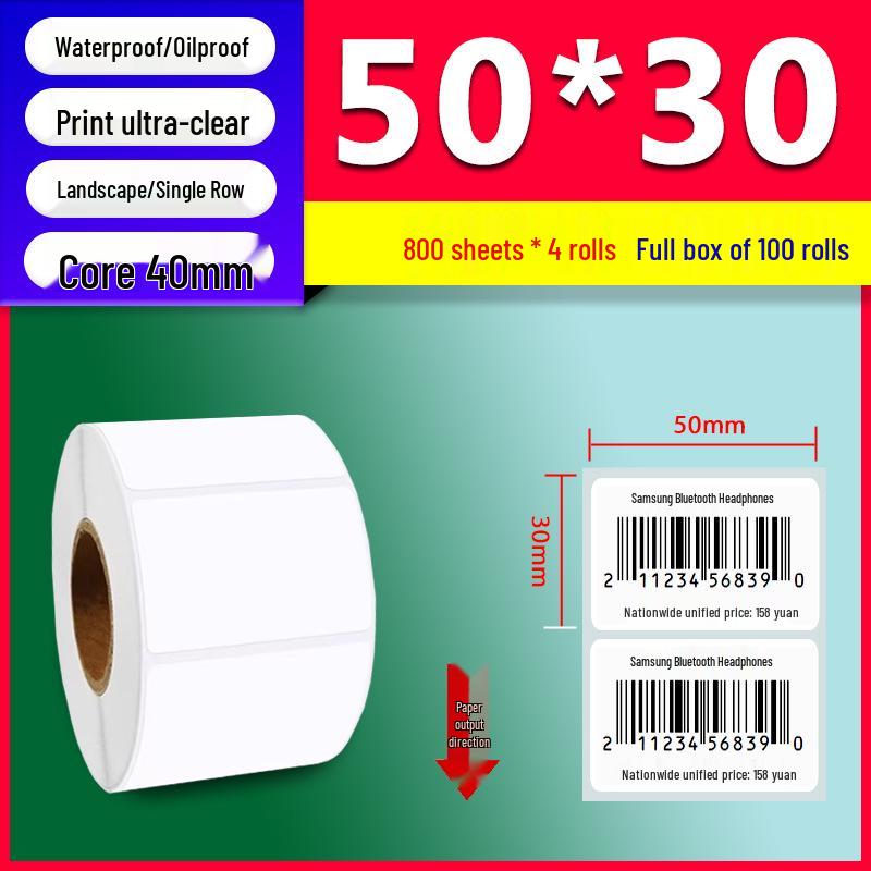Waterproof Thermal Paper Self-Adhesive Labels, 50x30mm & 40x30mm, for Sticker Printing