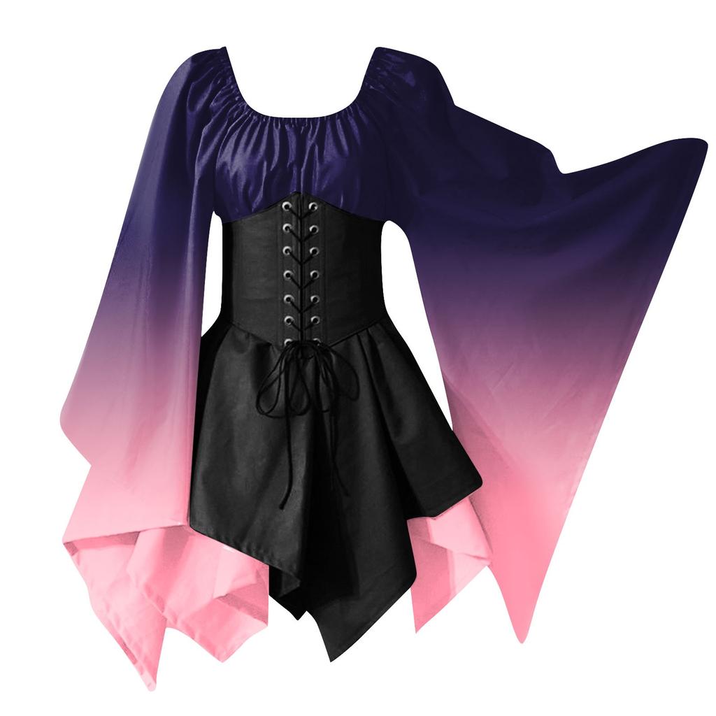 Women Fashion Long Sleeve Vintage Dress Cosplay Party Gradient Evening Night Formal Dress