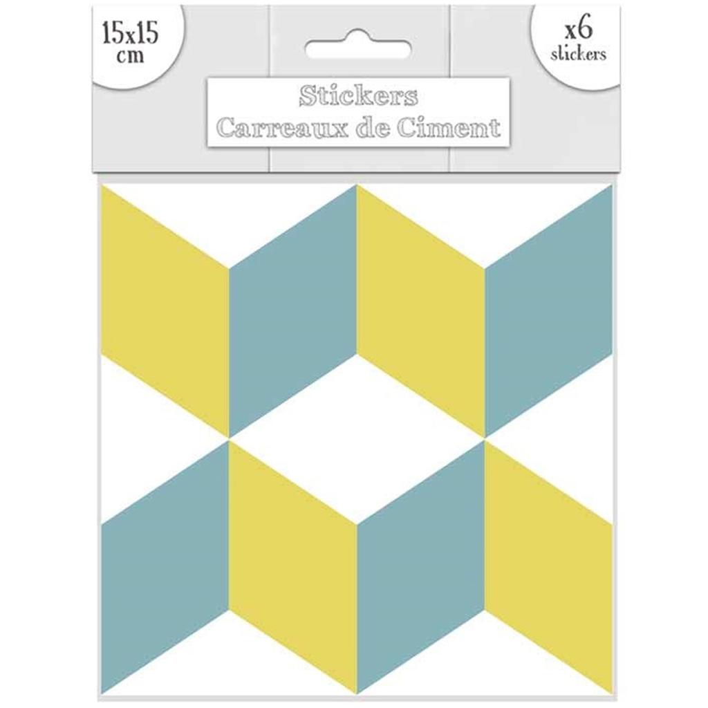 Les Trésors De Lily [R2195] - Set of 6 Blue Yellow 'Cement Tiles' Stickers - 15x15 Cm