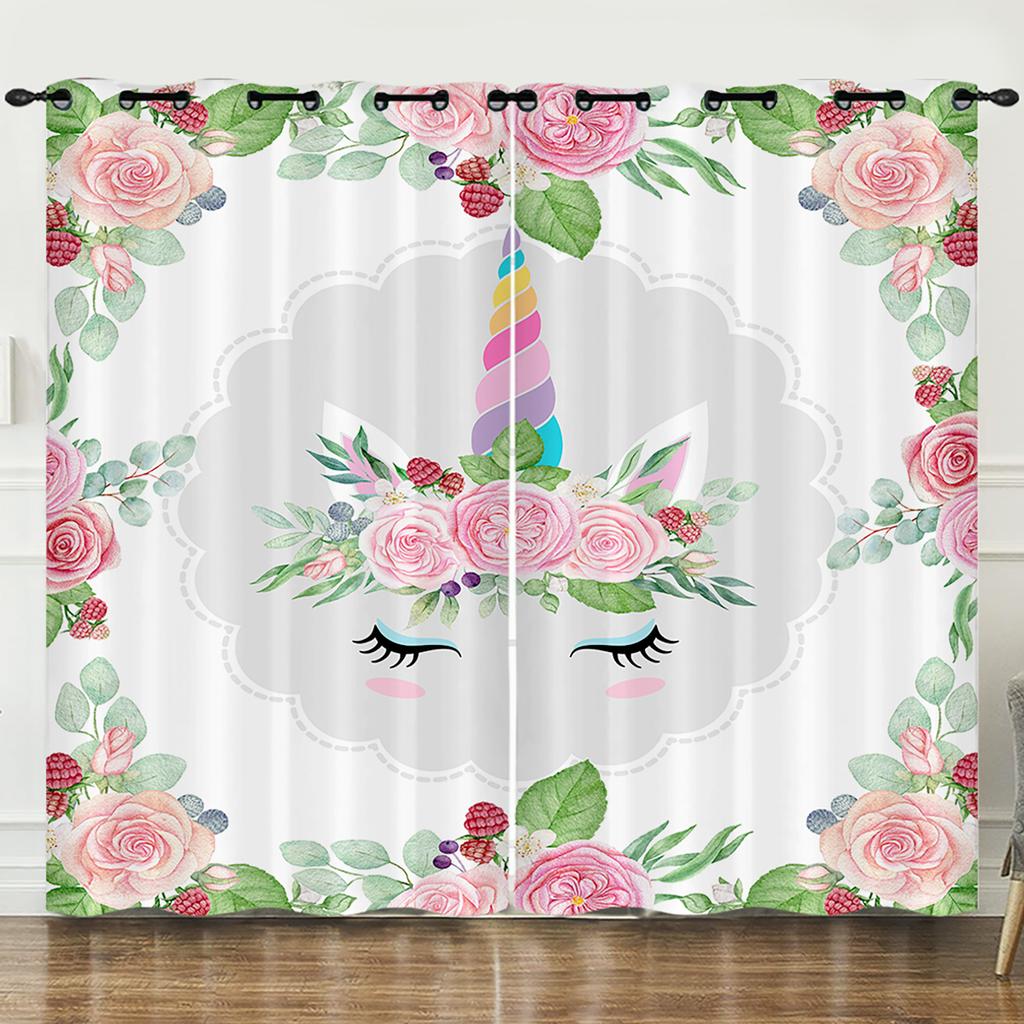 Curtain Flower Unicorn Color Gradual Change 3D Digital Printing Blackout Curtain Punching