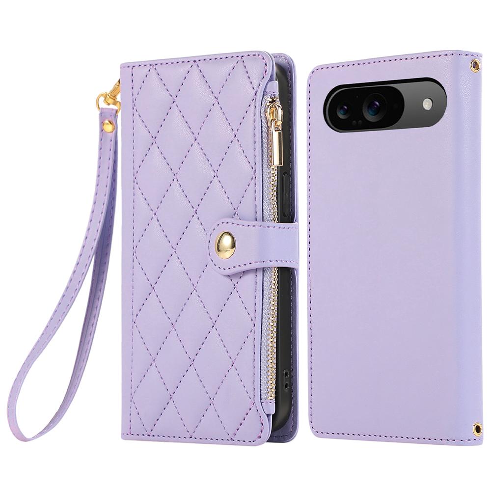 Чехол для Google Pixel 9/9 Pro с несколькими слотами для карт, на молнии, ромбовидный кожаный чехол для телефона с ремешком на запястье