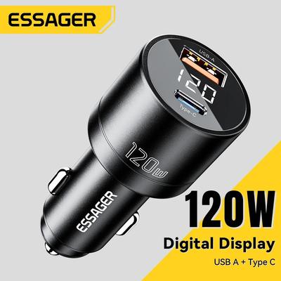 Essager Автомобильное зарядное устройство PD 120 Вт, сверхбыстрое зарядное устройство QC 4,0 PD 3,0 для iPhone 15 14 Samsung Type-C, USB зарядное устройство, портативное зарядное устройство для телефона