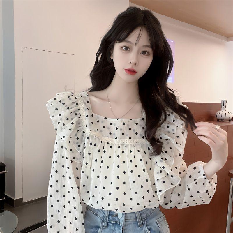 Французская стильная дизайнерская блузка с длинным рукавом для ношения навыпуск из свежего шифона в горошек, женский осенний маленький топ