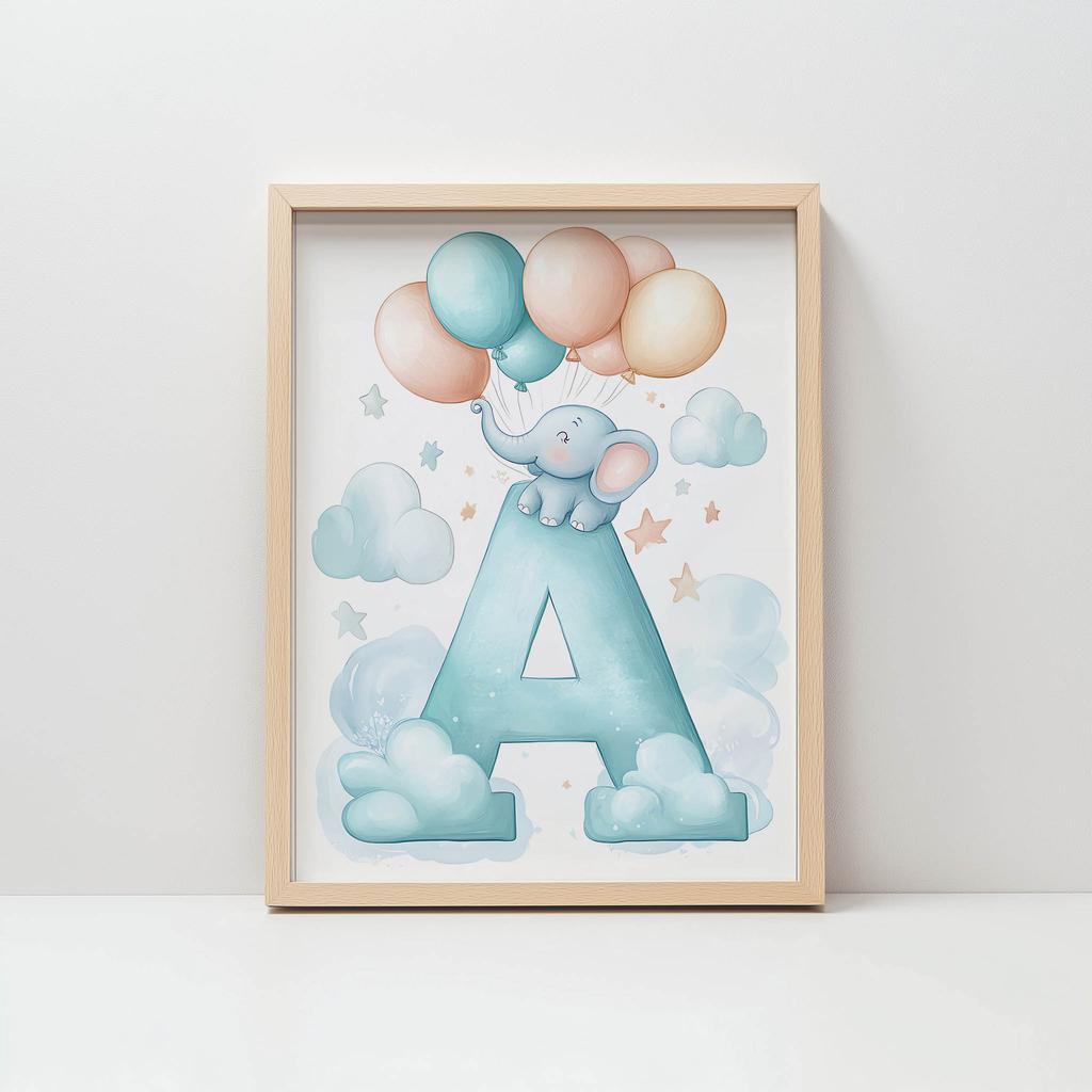 Elephant Charm - Poster "A" With Balloons Elephant Charm - Poster "A" With Balloons, 70X100 Cm, Dark Brown Wooden Frame, 230 Gsm Matte Paper