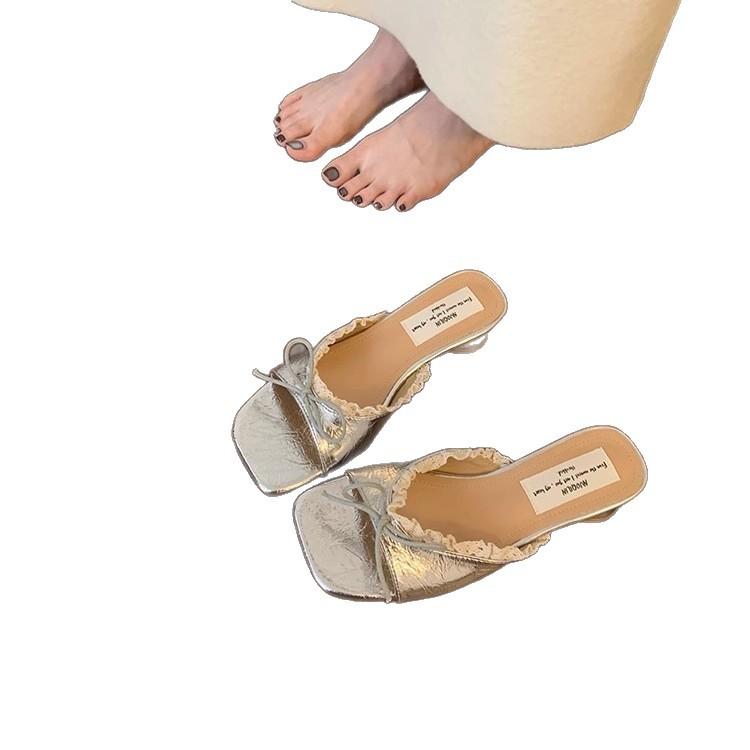 Французские шлепанцы на толстом каблуке, туфельки феи, носить 2025, новые летние, юбка, кружево, сандалии с бантом