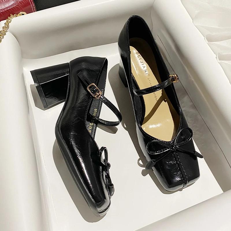 Весна Осень Толстые каблуки Женские Туфли Мэри Джейн Модные Туфли Бабочка-Узлы Женские Элегантные Туфли-лодочки Для Свадебной Вечеринки