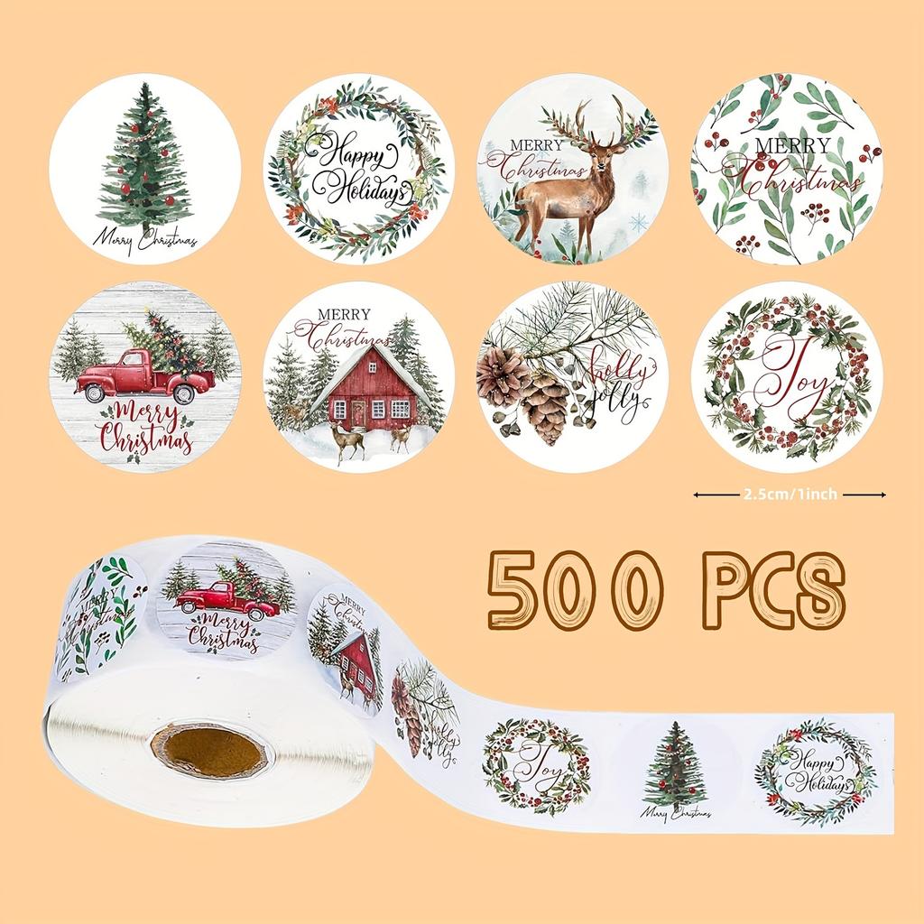 500pcs Assorted Christmas Stickers Roll, Mixed Color Paper Adhesive Labels with 'Merry Christmas' & 'Happy Holidays' Tags for Gift Wrapping & Sealing