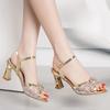 High Heels Fish Mouth Sandals 2024 Summer New Rhinestone Bow Casual Women Shoes Back Strap Thick Heeled Elegant Mesh Sandales