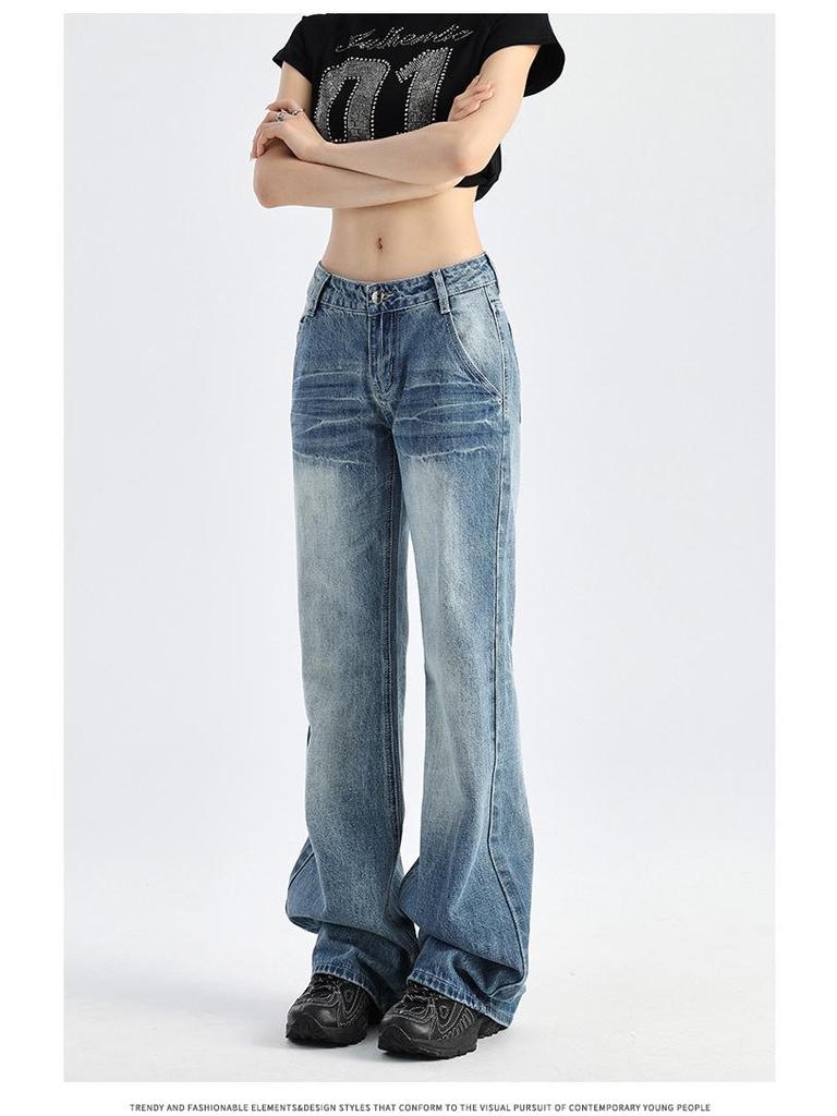 Женские джинсы клеш с низкой посадкой в стиле ретро - Коллекция Весна/Осень 2025, Универсальный свободный крой, Прямые штанины, Длина в пол.