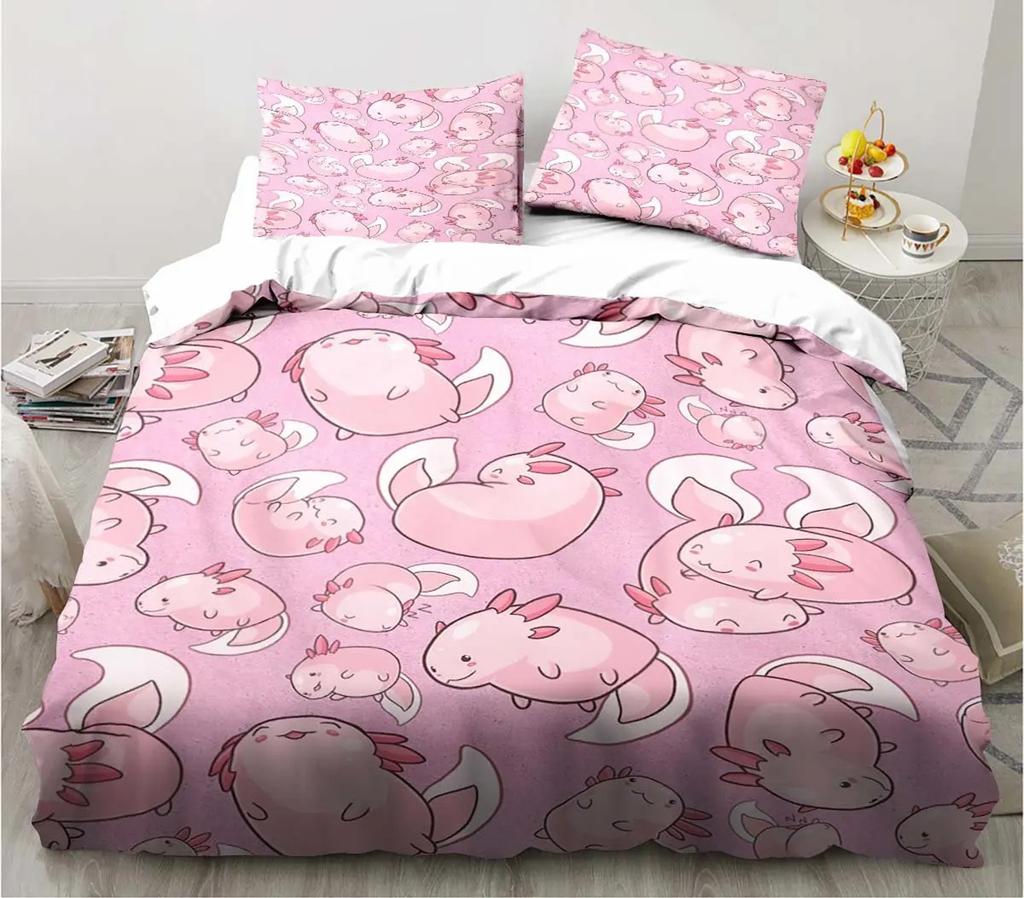 Cute Kawaii Axolotl Art Christmas Navidad Gift King Twin Double Child Customized Bedding Set Duvet Cover with Pillowcase 3 Piece