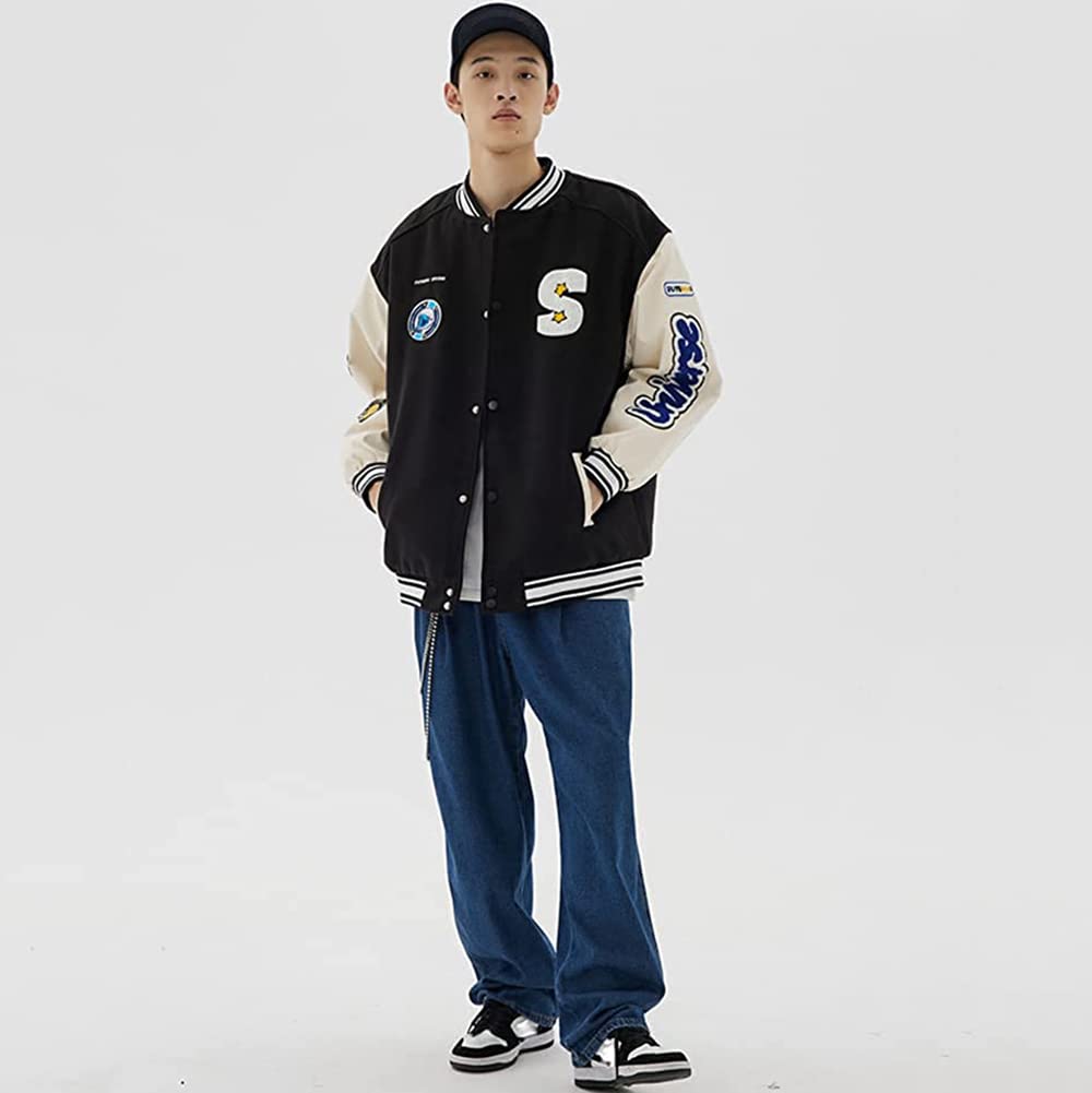 KOSIKINI Varsity Jacket for Men and Loose Cold Plus Size Women, Fit, Embroidered, Weather, Patchwork, Padded, Streetwear, (2XL, Black)